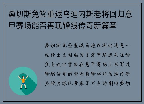 桑切斯免签重返乌迪内斯老将回归意甲赛场能否再现锋线传奇新篇章