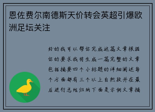 恩佐费尔南德斯天价转会英超引爆欧洲足坛关注